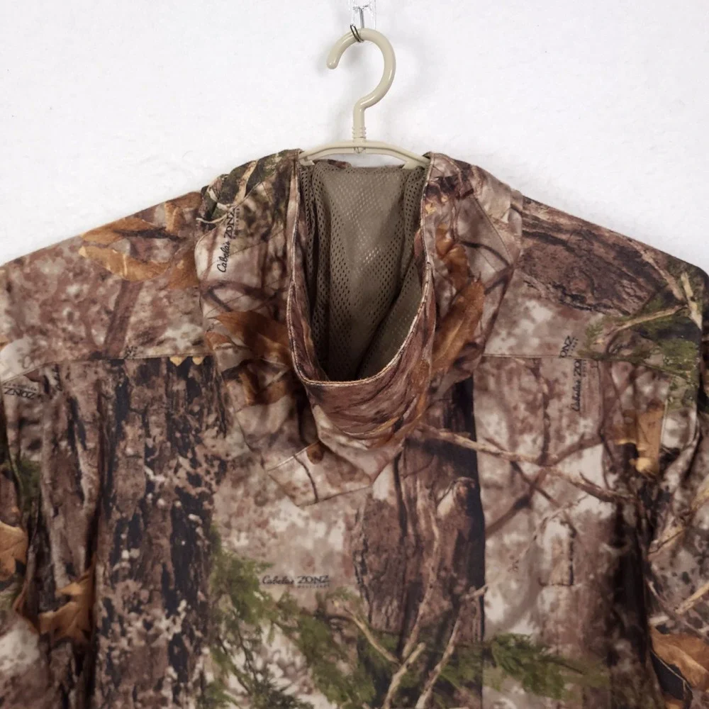 Cabelas ZONZ Woodlands Jacket Mens Camo Packable Hunting Large Brown Hooded Mesh